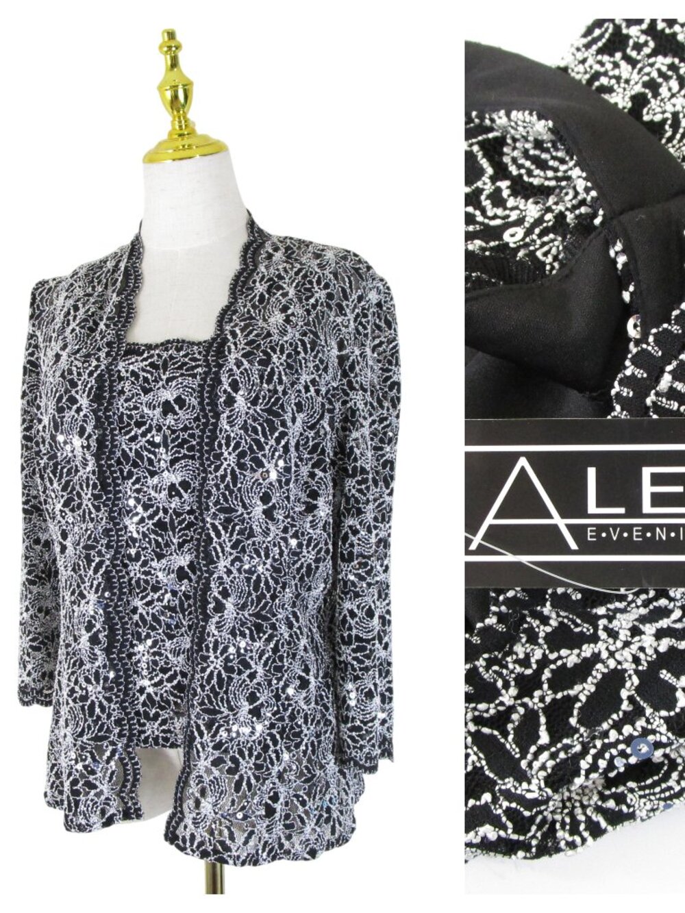 Alex Evenings Black Silver Embroidered Sequin Twinset Cardigan Tank Set Size S